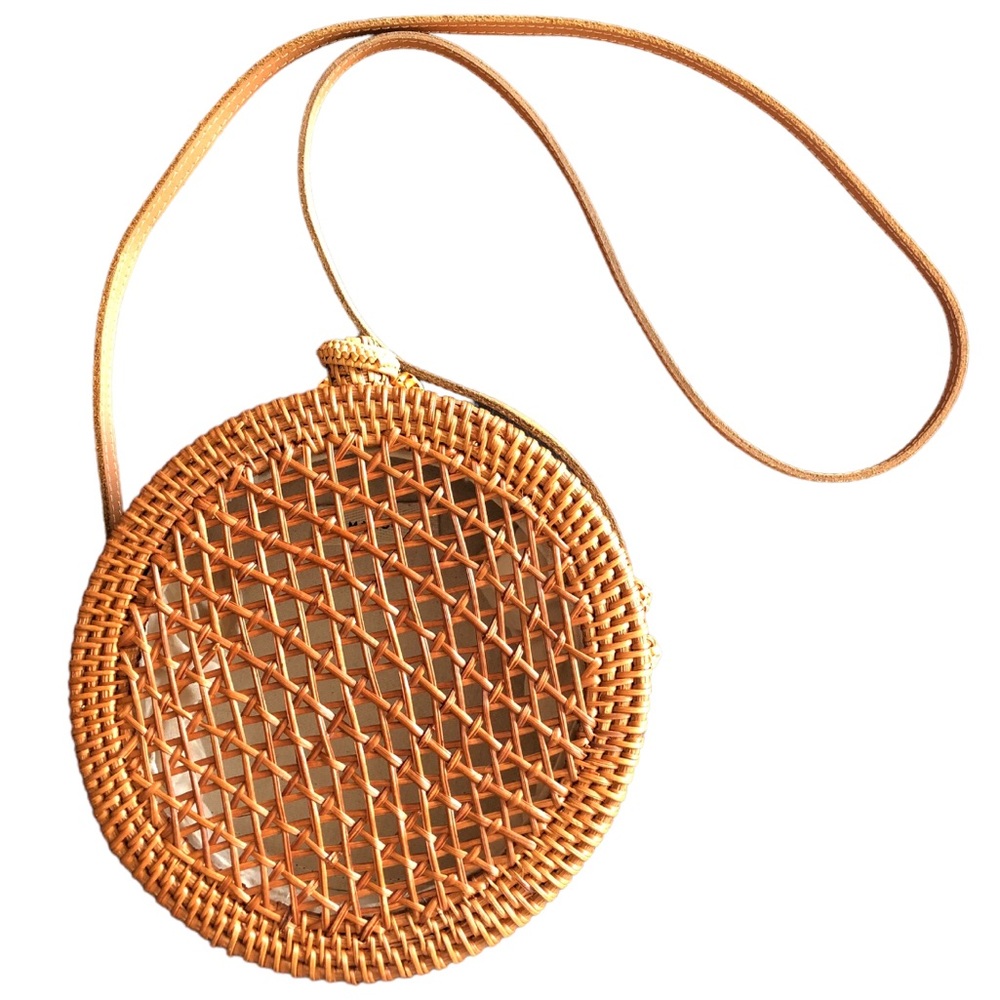 Woven Round Rattan Straw Crossbody Purse Gem